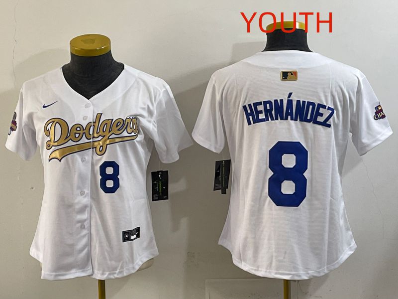 Youth Los Angeles Dodgers #8 Hernandez White Champion edition Nike MLB Jersey style 004->youth mlb jersey->Youth Jersey